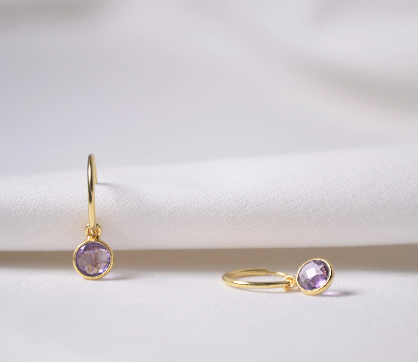 Amethyst dangle huggie hoops - February Birthstone
