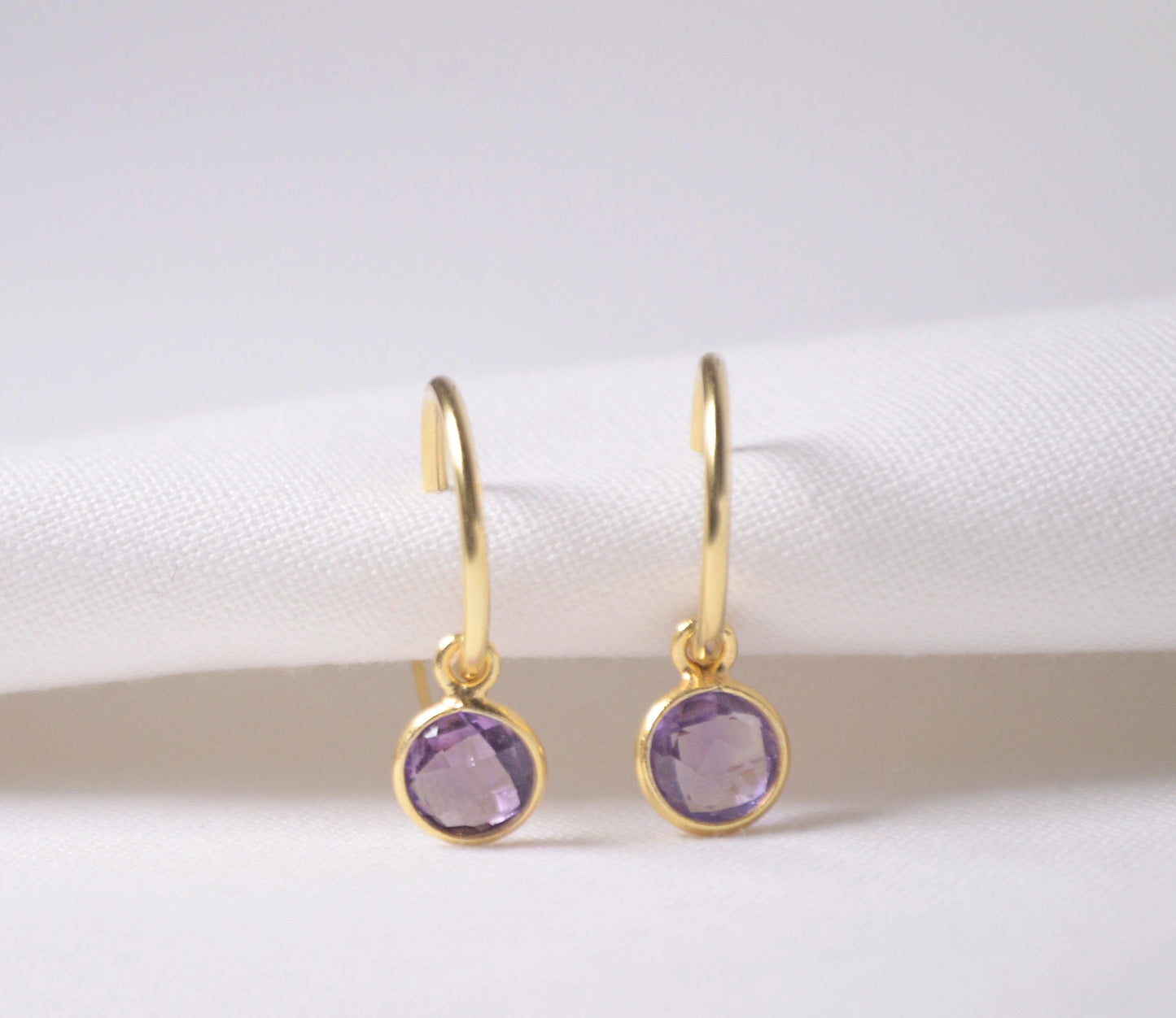 Amethyst dangle huggie hoops - February Birthstone