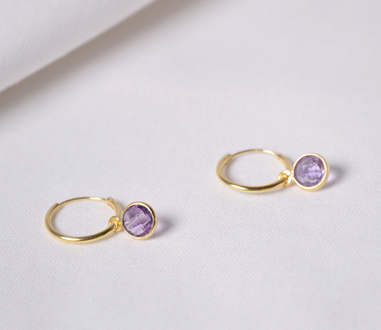 Amethyst dangle huggie hoops - February Birthstone