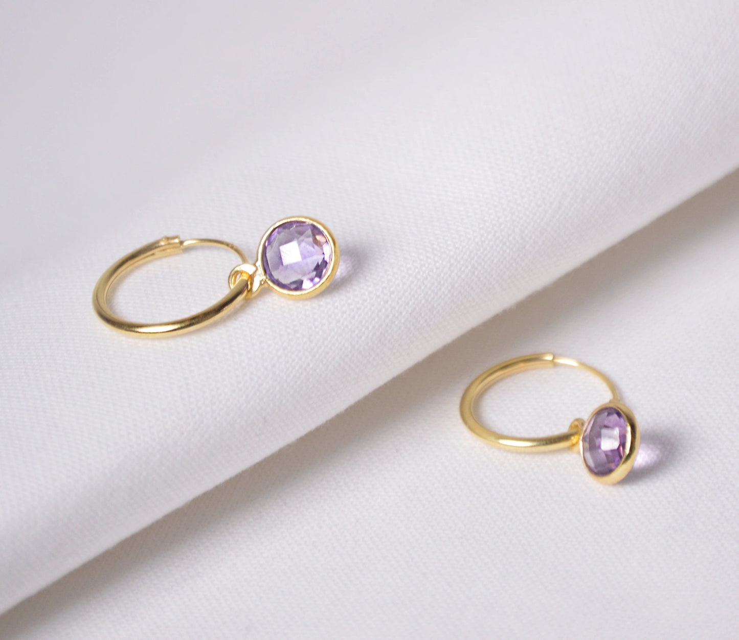 Amethyst dangle huggie hoops - February Birthstone
