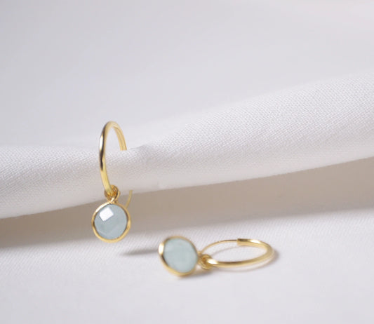 Aquamarine huggie hoop gold earrings