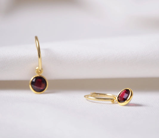 Natural Garnet Gold Hoop Earrings | Minimalist Jewelry